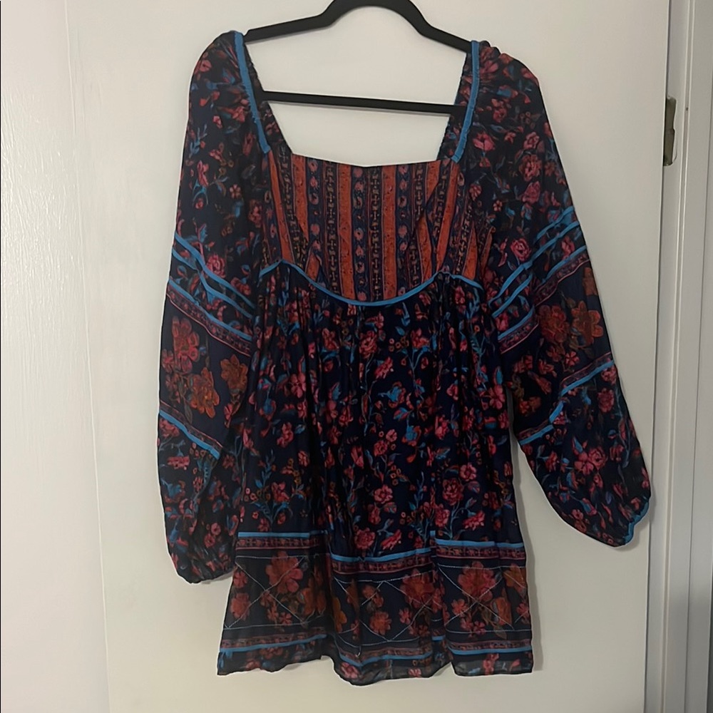 Free People Blue and Red Smocked Blouse